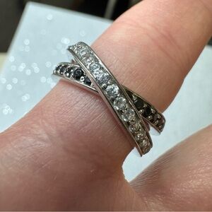 Queen Baby Designer CZ & Black Sapphire Pave Sterling Double Crossed Ring